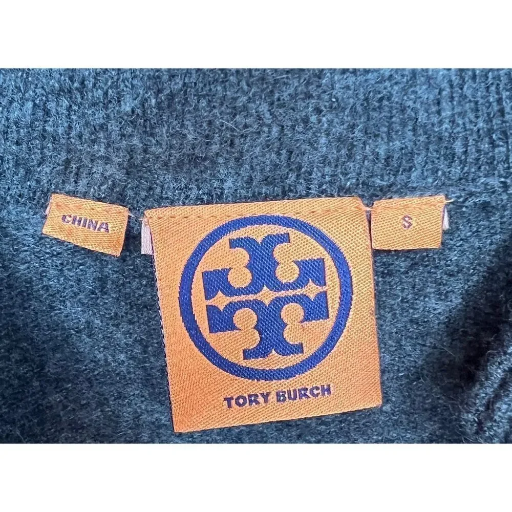 Tory Burch Soft 100% Cashmere Graphite Grey V-Neck Tunic Sweater Sz Small